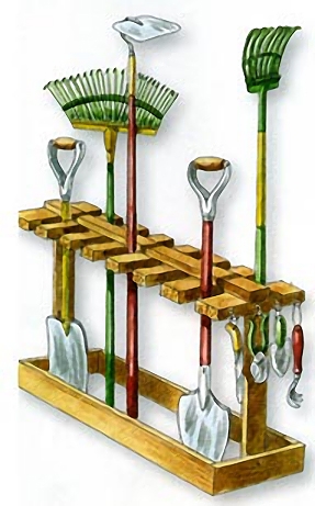 Хранение садового инвентаря в сарае: подставка для лопат и граблей своими руками